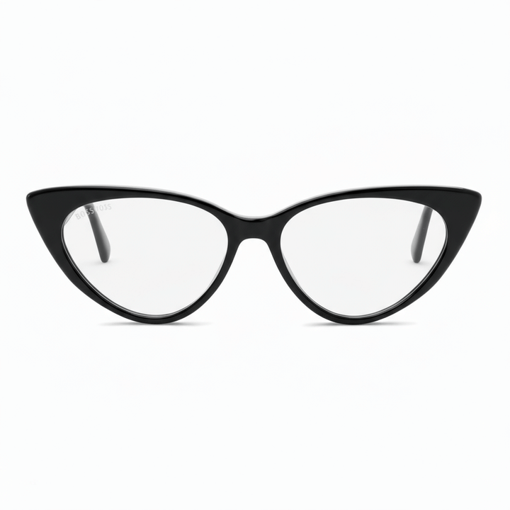 vista frontal de marcos opticos armazones de color negro y forma agatada retro y de moda de la marca Bonoboss. Forma queda bien en mujer de cara redonda grande. #color_negro