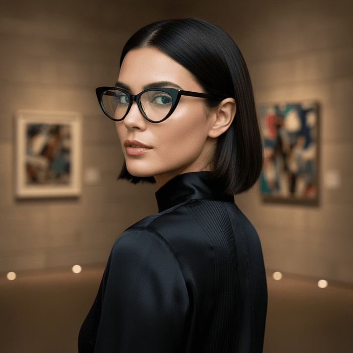 una mujer sofisticada usando marcos opticos armazones de color negro y forma agatada retro y de moda de la marca Bonoboss. Forma queda bien en mujer de cara redonda grande. #color_negro
