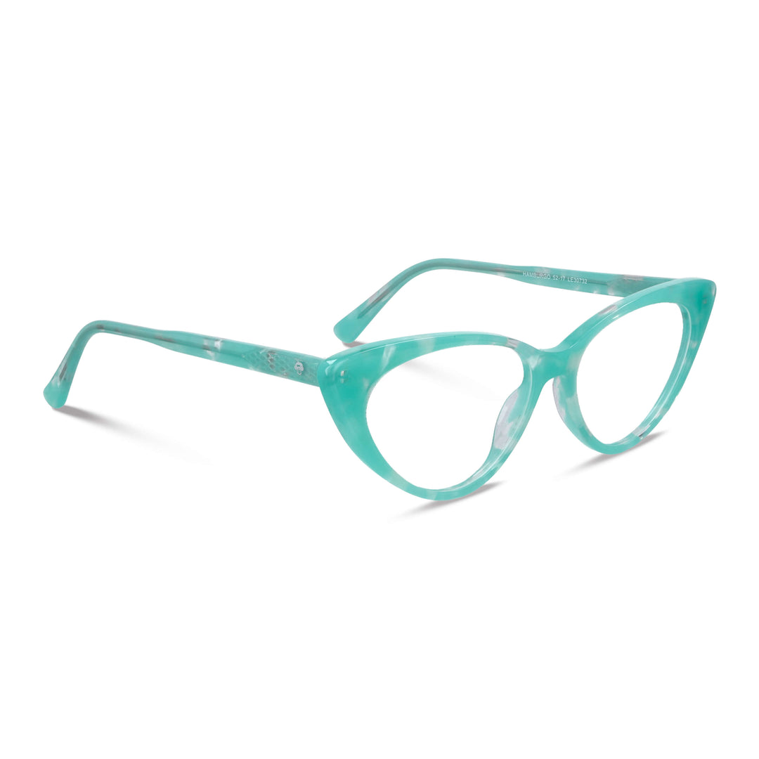 vista angulada de 45º de marcos opticos armazones de color calipso y forma agatada retro y de moda de la marca Bonoboss. Forma queda bien en mujer de cara redonda grande. #color_calipso