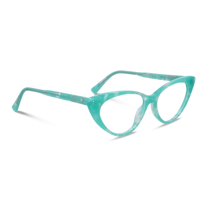 vista angulada de 45º de marcos opticos armazones de color calipso y forma agatada retro y de moda de la marca Bonoboss. Forma queda bien en mujer de cara redonda grande. #color_calipso