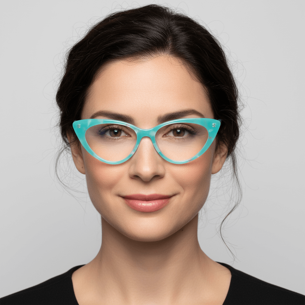 vista frontal de una mujer de cara redonda usando marcos opticos armazones de color calipso y forma agatada retro y de moda de la marca Bonoboss. Forma queda bien en mujer de cara redonda grande. #color_calipso