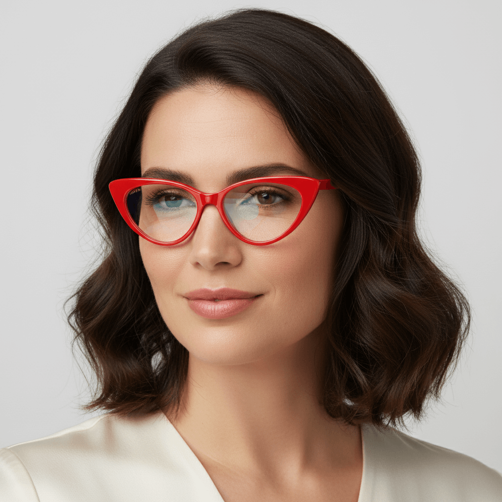 vista frontal de marcos opticos armazones de color rojo y forma agatada retro y de moda de la marca Bonoboss. Forma queda bien en mujer de cara redonda grande. #color_rojo