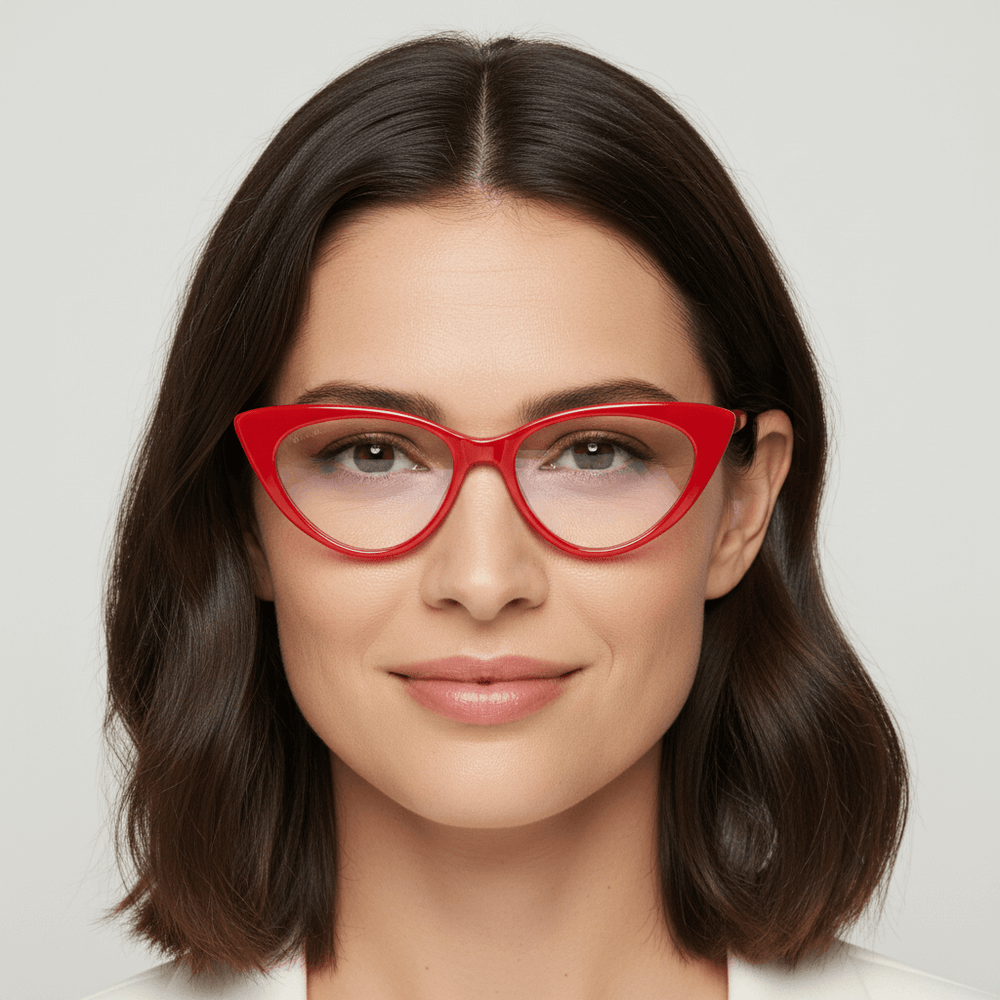 vista angulada de una mujer usando anteojos marcos opticos de forma agatada y de color rojo. Los armazones son de acetato sustentable y de la marca Bonoboss #color_rojo