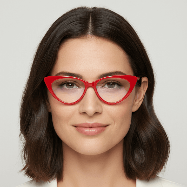 vista frontal de una mujer usando anteojos marcos opticos de forma agatada y de color rojo. Los armazones son de acetato sustentable y de la marca Bonoboss #color_rojo