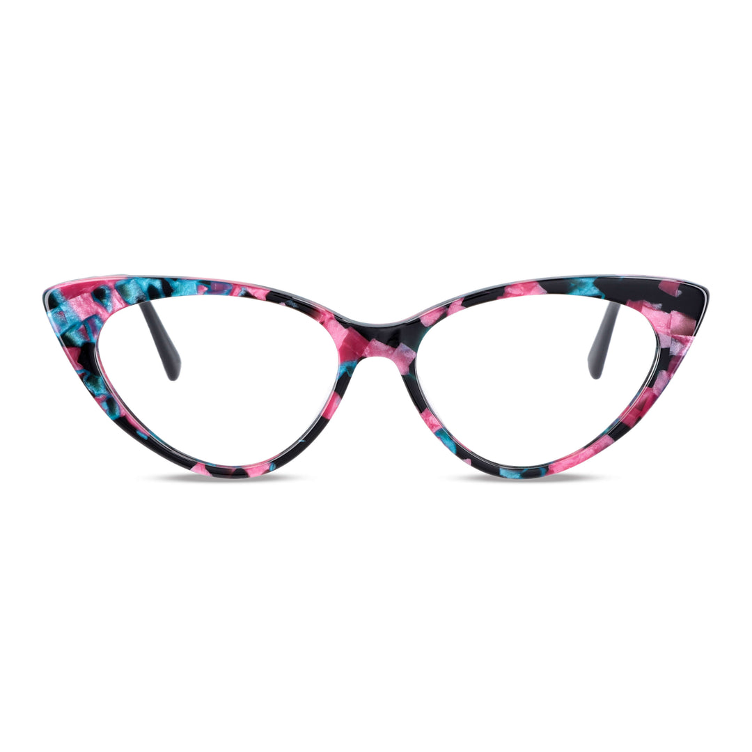 vista frontal de marcos opticos armazones de color rojo y forma agatada retro y de moda de la marca Bonoboss. Forma queda bien en mujer de cara redonda grande. #color_rojo