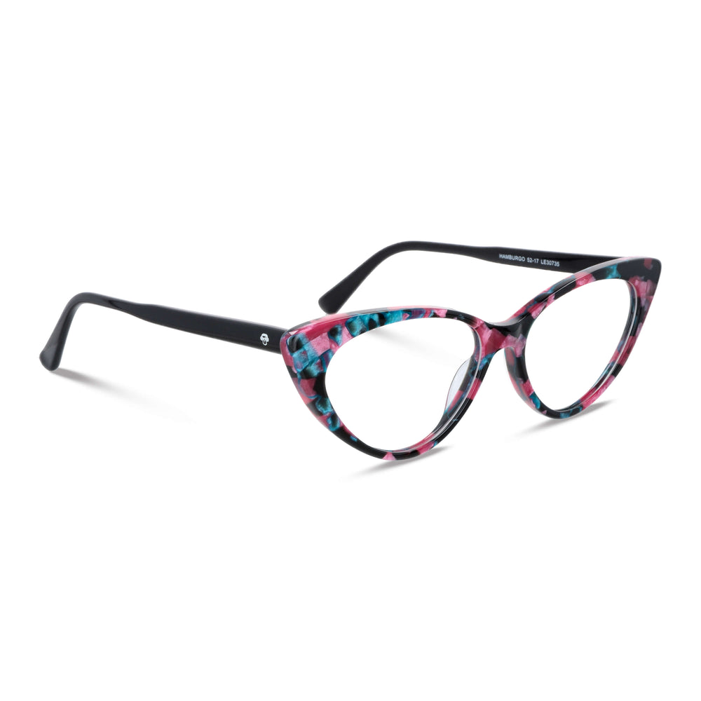 vista angulada de una mujer usando anteojos marcos opticos de forma agatada y de color rojo. Los armazones son de acetato sustentable y de la marca Bonoboss #color_rojo