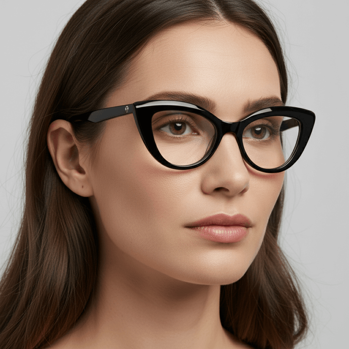 la foto de lado de una mujer usando armazones opticos agatados retro para mujer de cara redonda grande de marca Bonoboss en acetato biodegradable natural de color negro #color_negro