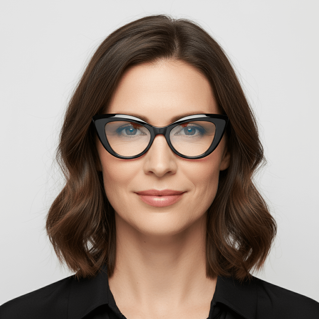 la foto frontal de una mujer usando armazones opticos agatados retro para mujer de cara redonda grande de marca Bonoboss en acetato biodegradable natural de color negro #color_negro