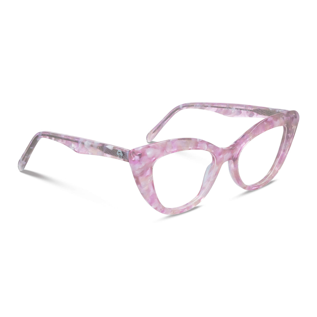 la vista angulada de unos armazones opticos agatados retro para mujer de cara redonda grande de marca Bonoboss en acetato biodegradable natural de color rosado #color_rosado