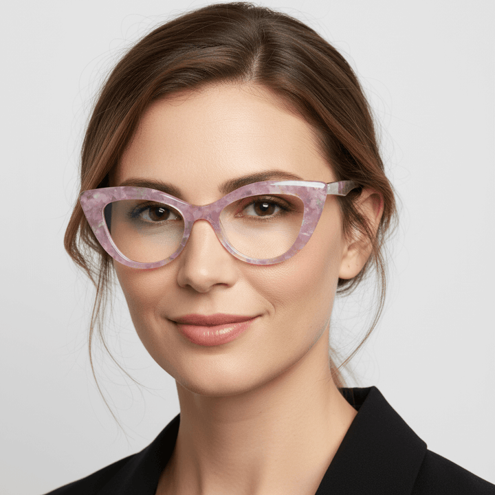 una mujer de pelo castaño usando unos marcos opticos agatados retro para mujer de cara redonda grande de marca Bonoboss en acetato biodegradable natural de color rosado #color_rosado