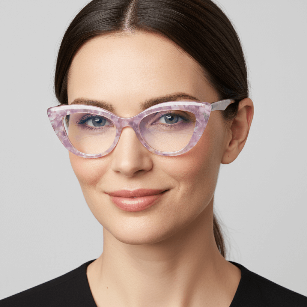 una mujer de ojos azules y pelo castaño oscuro usando unos marcos opticos agatados retro para mujer de cara redonda grande de marca Bonoboss en acetato biodegradable natural de color rosado #color_rosado