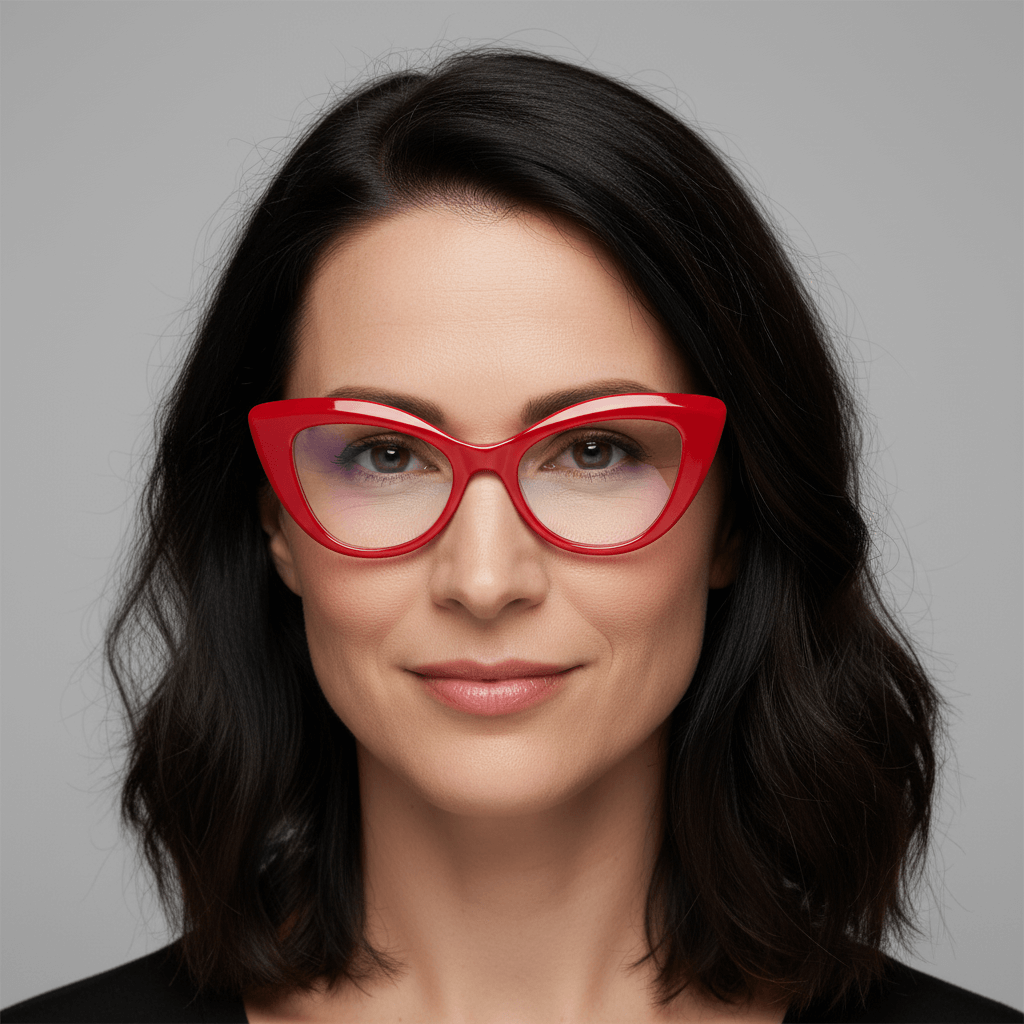 una mujer de pelo negro suelto en vista frontal usando armazones o marcos opticos de color rojo de la marca bonoboss fabricandos en acetato biodegradable sustentable de color rojo #color_rojo