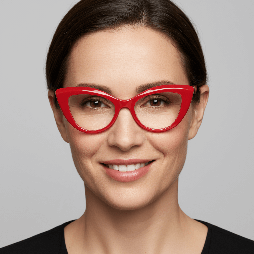 una mujer de ojos marrones de vista frontal usando armazones o marcos opticos de color rojo de la marca bonoboss fabricandos en acetato biodegradable sustentable de color rojo #color_rojo
