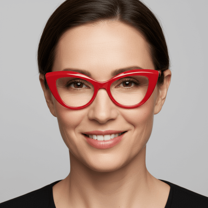una mujer de ojos marrones de vista frontal usando armazones o marcos opticos de color rojo de la marca bonoboss fabricandos en acetato biodegradable sustentable de color rojo #color_rojo