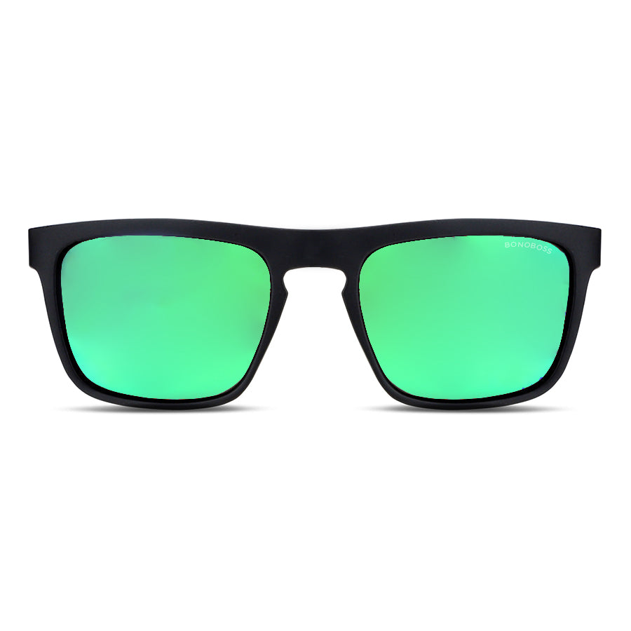anteojos de sol rectangulares polarizados negros para hombre y mujer con lentes de color espejado verde
