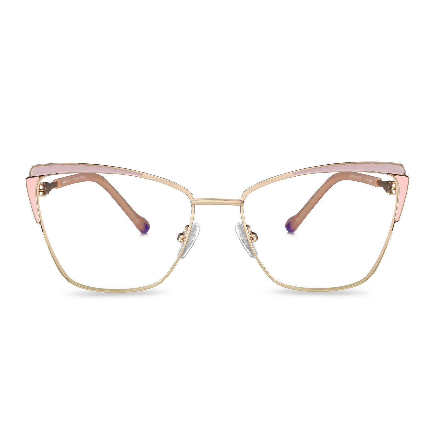 anteojos metálicos agatados de color dorado y rosado para mujer de cara redonda grande. Armazones y lentes opticos por mayor, mayorista de opticas de lentes sustentables vista frontal