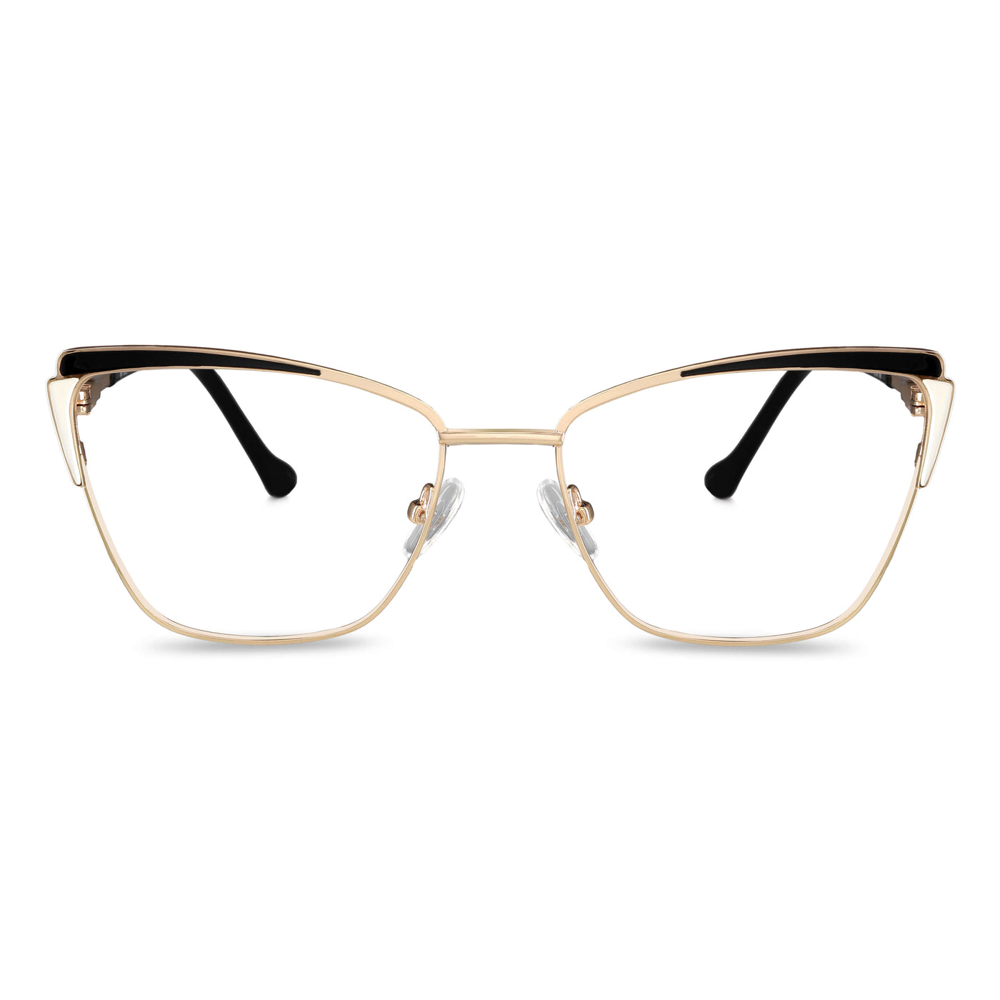 anteojos metálicos agatados de color dorado y negro para mujer de cara redonda grande. Armazones y lentes opticos por mayor, mayorista de opticas de lentes sustentables vista frontal