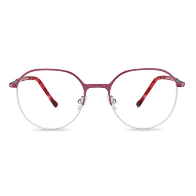 anteojos de color rojo con la parte inferior de color plateada y plaquetas de silicona. Varillas con detalles internos de color naranjo, rojo claro, burdeo combinan muy bien con el frente. Lentes ópticos para niños y niñas con cristales con receta incluidos y envío gratis. Distribuidor y mayorista de opticas de armazones sustentables vista frontal