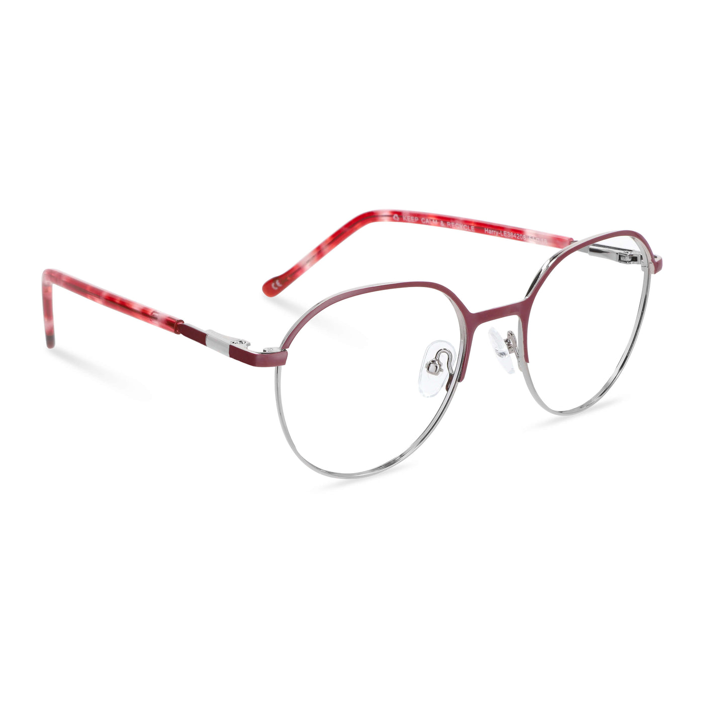 anteojos de color rojo con la parte inferior de color plateada y plaquetas de silicona. Varillas con detalles internos de color naranjo, rojo claro, burdeo combinan muy bien con el frente. Lentes ópticos para niños y niñas con cristales con receta incluidos y envío gratis. Distribuidor y mayorista de opticas de armazones sustentables vista angulada lateral