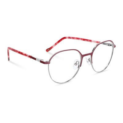anteojos de color rojo con la parte inferior de color plateada y plaquetas de silicona. Varillas con detalles internos de color naranjo, rojo claro, burdeo combinan muy bien con el frente. Lentes ópticos para niños y niñas con cristales con receta incluidos y envío gratis. Distribuidor y mayorista de opticas de armazones sustentables vista angulada lateral