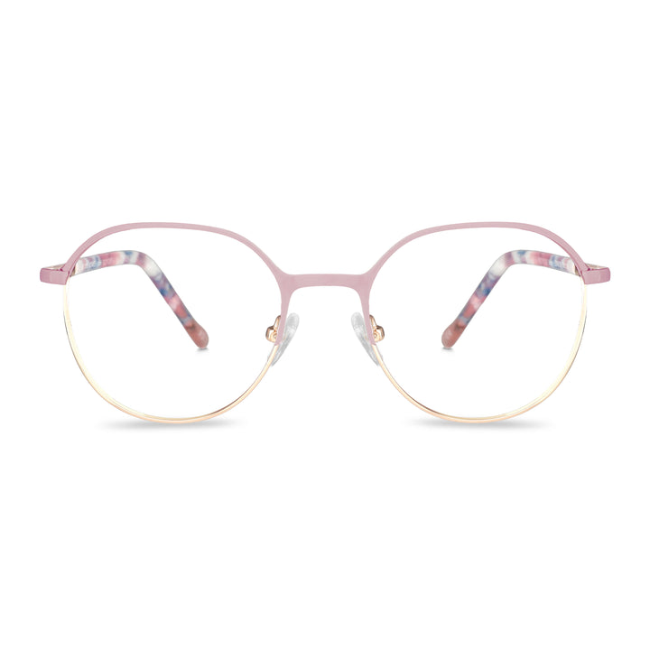 anteojos de color rosado con la parte inferior de color dorada y plaquetas de silicona. Varillas con detalles internos de color blanco, azul, celeste que combinan muy bien con el frente. Lentes ópticos para niños y niñas con cristales con receta incluidos y envío gratis. Distribuidor y mayorista de opticas de armazones sustentables #color_rosado