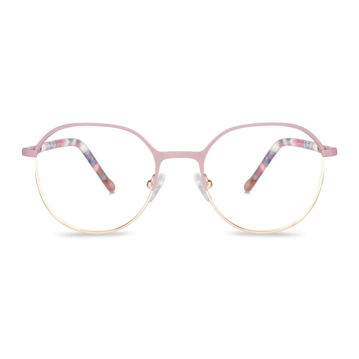 anteojos de color rosado con la parte inferior de color dorada y plaquetas de silicona. Varillas con detalles internos de color blanco, azul, celeste que combinan muy bien con el frente. Lentes ópticos para niños y niñas con cristales con receta incluidos y envío gratis. Distribuidor y mayorista de opticas de armazones sustentables