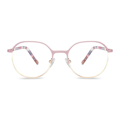 anteojos de color rosado con la parte inferior de color dorada y plaquetas de silicona. Varillas con detalles internos de color blanco, azul, celeste que combinan muy bien con el frente. Lentes ópticos para niños y niñas con cristales con receta incluidos y envío gratis. Distribuidor y mayorista de opticas de armazones sustentables
