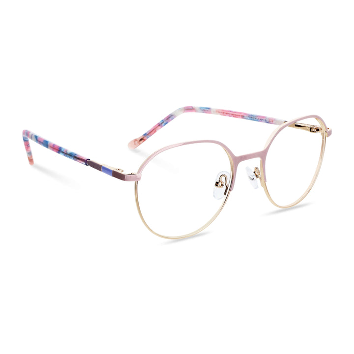 anteojos de color rosado con la parte inferior de color dorada y plaquetas de silicona. Varillas con detalles internos de color blanco, azul, celeste que combinan muy bien con el frente. Lentes ópticos para niños y niñas con cristales con receta incluidos y envío gratis. Distribuidor y mayorista de opticas de armazones sustentables vista angulada o lateral #color_rosado