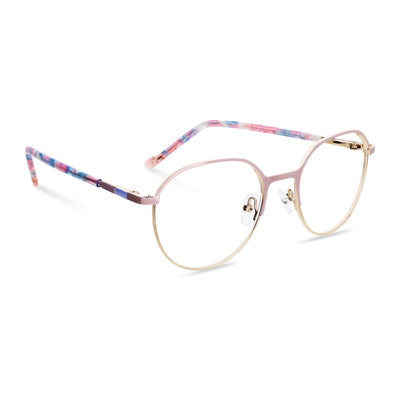 anteojos de color rosado con la parte inferior de color dorada y plaquetas de silicona. Varillas con detalles internos de color blanco, azul, celeste que combinan muy bien con el frente. Lentes ópticos para niños y niñas con cristales con receta incluidos y envío gratis. Distribuidor y mayorista de opticas de armazones sustentables vista angulada o lateral