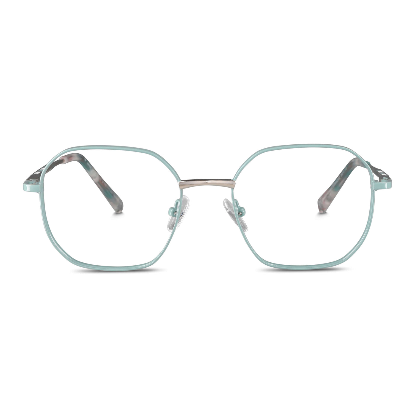 armazones opticos de color calipso de forma octagonal con puente metalico y plaquetas de silicona vista frontal. Anteojos que quedan bien en hombre y mujer de cara redonda y ovalada grande. Bonoboss distribuidor y mayorista de opticas de lentes sustentables