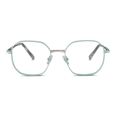 armazones opticos de color calipso de forma octagonal con puente metalico y plaquetas de silicona vista frontal. Anteojos que quedan bien en hombre y mujer de cara redonda y ovalada grande. Bonoboss distribuidor y mayorista de opticas de lentes sustentables