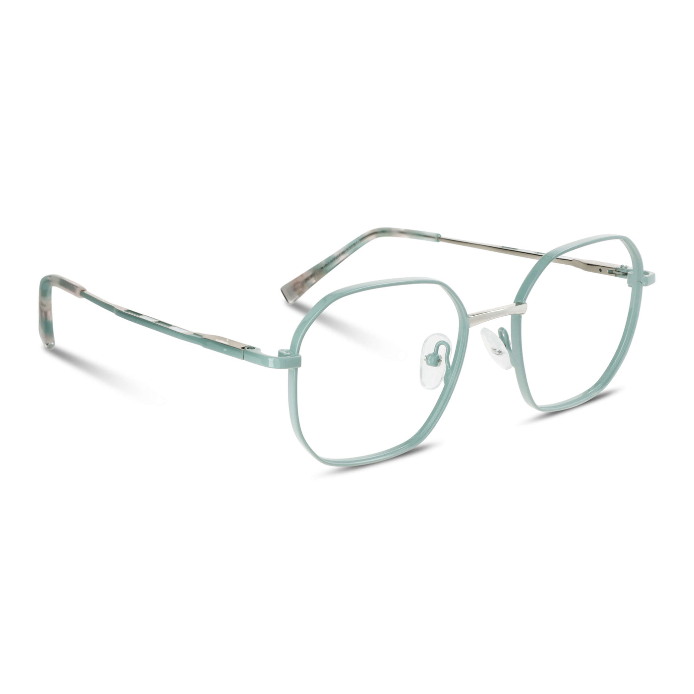 armazones opticos de color calipso de forma octagonal con puente metalico y plaquetas de silicona vista angulada lateral. Anteojos que quedan bien en hombre y mujer de cara redonda y ovalada grande. Bonoboss distribuidor y mayorista de opticas de lentes sustentables