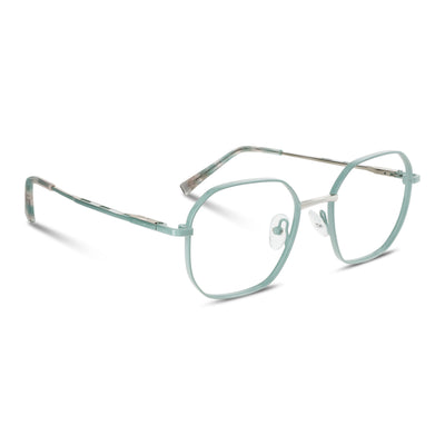 armazones opticos de color calipso de forma octagonal con puente metalico y plaquetas de silicona vista angulada lateral. Anteojos que quedan bien en hombre y mujer de cara redonda y ovalada grande. Bonoboss distribuidor y mayorista de opticas de lentes sustentables