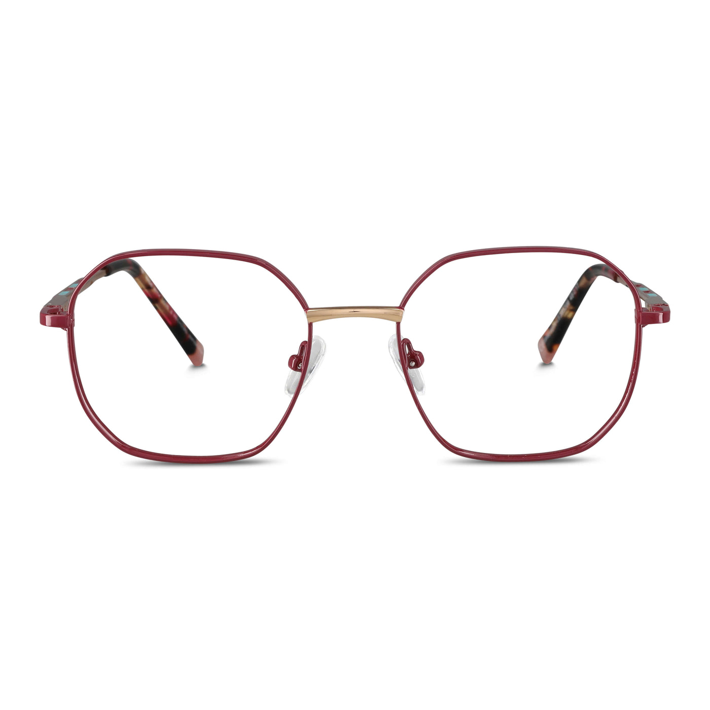 armazones opticos de color rojo oscuro terminación matte de forma octagonal con puente metalico y plaquetas de silicona vista frontal. Anteojos que quedan bien en hombre y mujer de cara redonda y ovalada grande. Bonoboss distribuidor y mayorista de opticas de lentes sustentables