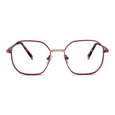 armazones opticos de color rojo oscuro terminación matte de forma octagonal con puente metalico y plaquetas de silicona vista frontal. Anteojos que quedan bien en hombre y mujer de cara redonda y ovalada grande. Bonoboss distribuidor y mayorista de opticas de lentes sustentables