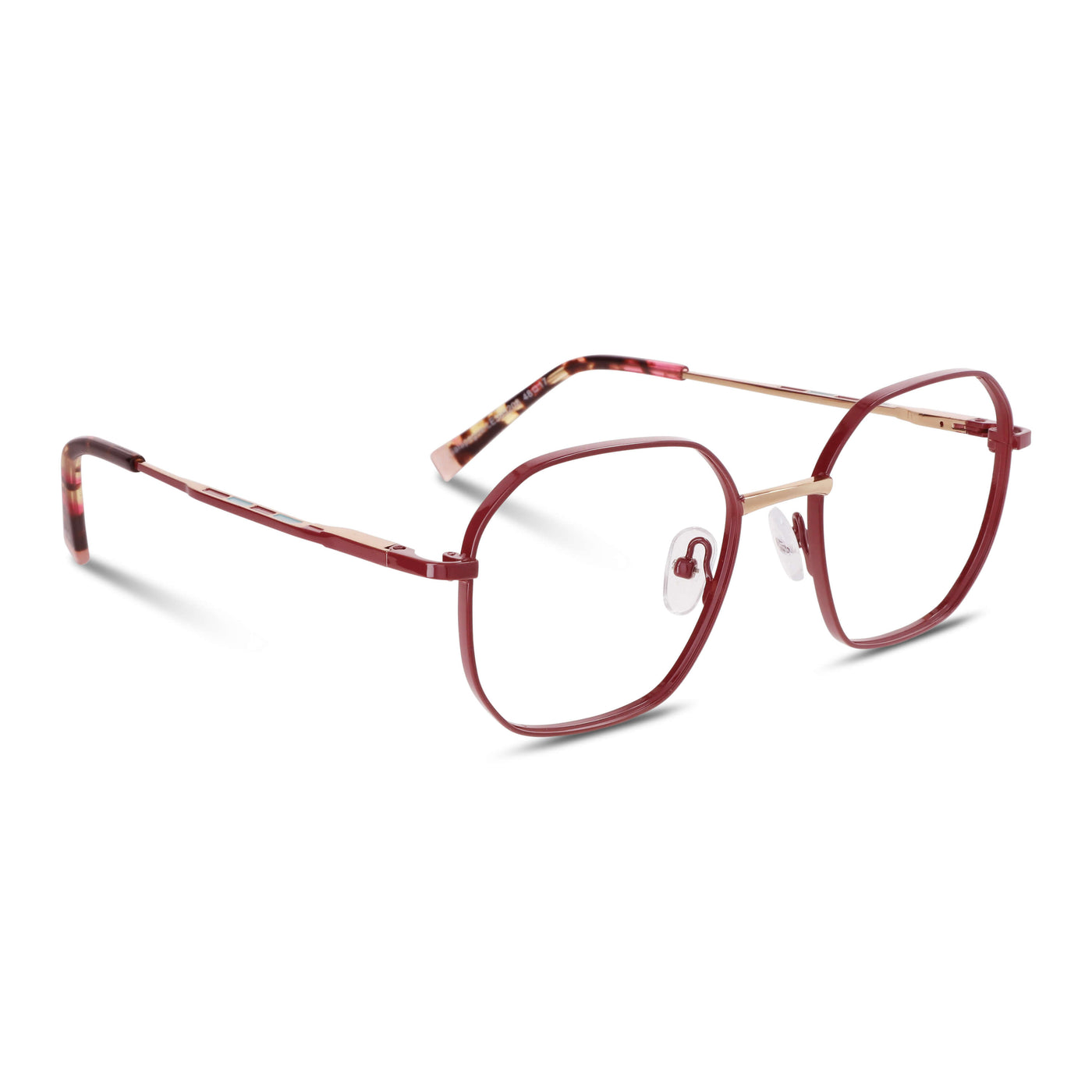 armazones opticos de color rojo oscuro terminación matte de forma octagonal con puente metalico y varillas con terminación de acetato de color rosado y amarillo interno. plaquetas de silicona vista angulada lateral. Anteojos que quedan bien en hombre y mujer de cara redonda y ovalada grande. Bonoboss distribuidor y mayorista de opticas de lentes sustentables