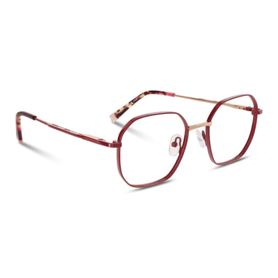 armazones opticos de color rojo oscuro terminación matte de forma octagonal con puente metalico y varillas con terminación de acetato de color rosado y amarillo interno. plaquetas de silicona vista angulada lateral. Anteojos que quedan bien en hombre y mujer de cara redonda y ovalada grande. Bonoboss distribuidor y mayorista de opticas de lentes sustentables