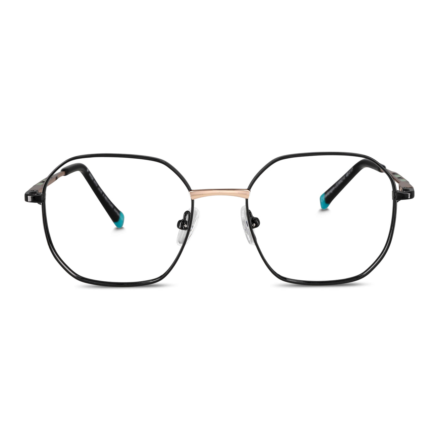 armazones opticos de color negro terminación matte de forma octagonal con puente metalico y varillas con terminación de color calipso en la punta. plaquetas de silicona vista angulada lateral. Anteojos que quedan bien en hombre y mujer cara redonda grande. Bonoboss distribuidor y mayorista de opticas de lentes sustentables