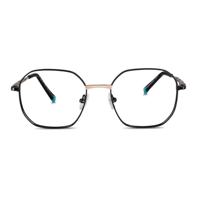 armazones opticos de color negro terminación matte de forma octagonal con puente metalico y varillas con terminación de color calipso en la punta. plaquetas de silicona vista angulada lateral. Anteojos que quedan bien en hombre y mujer cara redonda grande. Bonoboss distribuidor y mayorista de opticas de lentes sustentables
