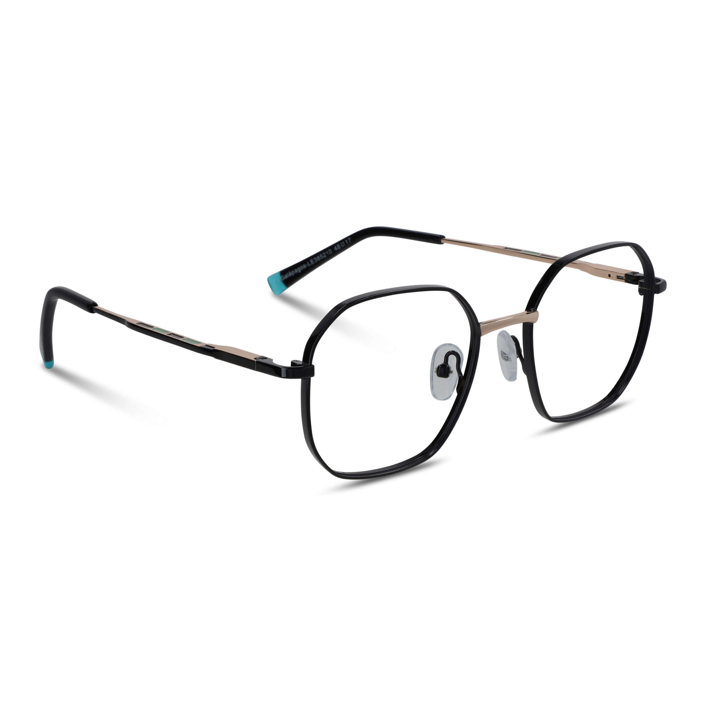 armazones opticos de color negro terminación matte de forma octagonal con puente metalico y varillas con terminación de color calipso en la punta. plaquetas de silicona vista angulada lateral. Anteojos que quedan bien en hombre y mujer cara redonda grande. Bonoboss distribuidor y mayorista de opticas de lentes sustentables