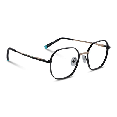 armazones opticos de color negro terminación matte de forma octagonal con puente metalico y varillas con terminación de color calipso en la punta. plaquetas de silicona vista angulada lateral. Anteojos que quedan bien en hombre y mujer cara redonda grande. Bonoboss distribuidor y mayorista de opticas de lentes sustentables