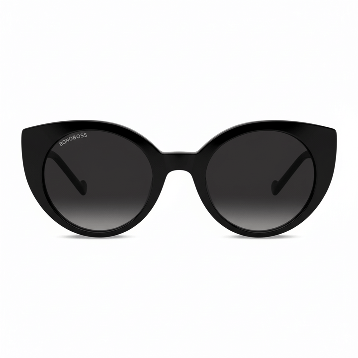 vista frontal de anteojos de sol gafa polarizada de forma agatada retro para hombre y mujer de cara redonda grande #color_negro