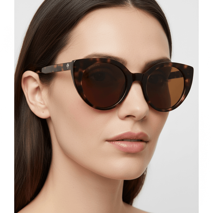 una mujer en close up y vista lateral usando anteojos gafas de sol polarizadas agatadas o cat eyes para hombre y mujer de cara redonda u ovalada grande de color carey #color_carey