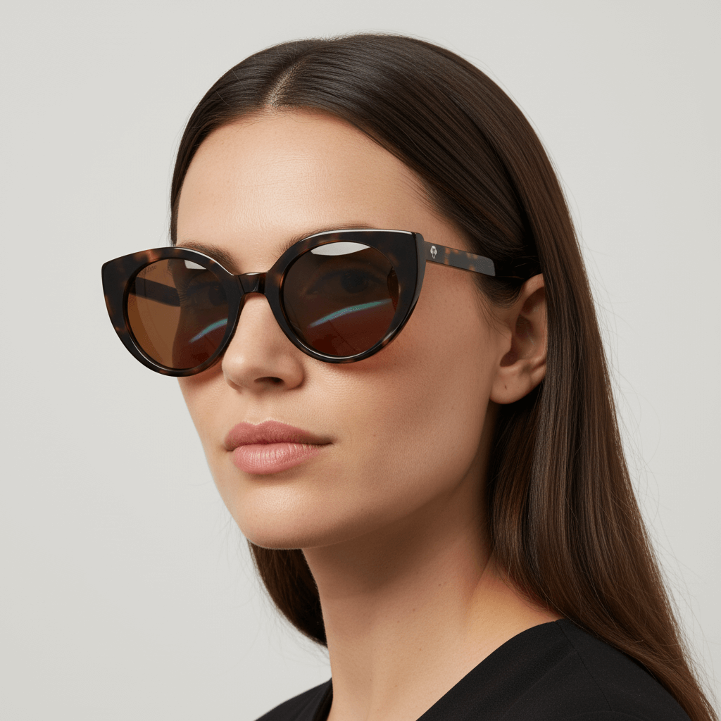 una mujer en vista lateral usando anteojos gafas de sol polarizadas agatadas o cat eyes para hombre y mujer de cara redonda u ovalada grande de color carey #color_carey