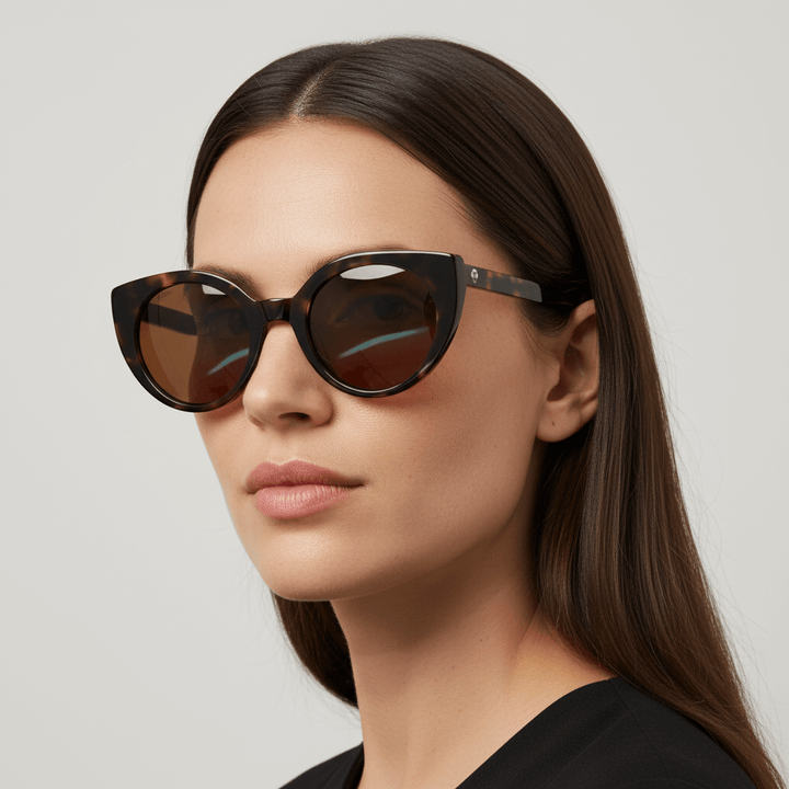 una mujer en vista lateral de pelo liso castaño oscuro usando anteojos gafas de sol polarizadas agatadas o cat eyes para hombre y mujer de cara redonda u ovalada grande de color carey #color_carey