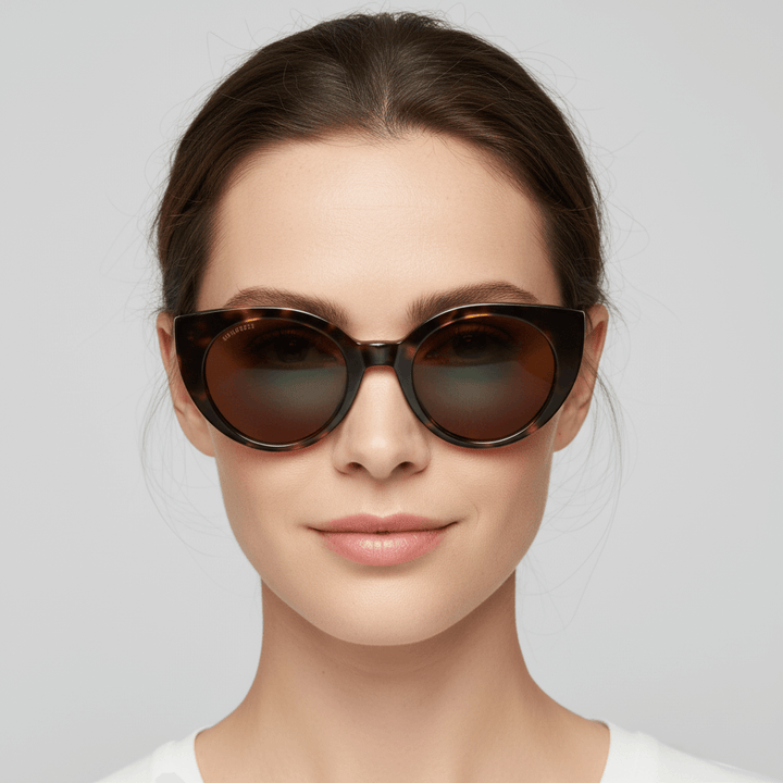 la vista frontal de una mujer usando anteojos gafas de sol polarizadas agatadas o cat eyes para hombre y mujer de cara redonda u ovalada grande de color carey #color_carey