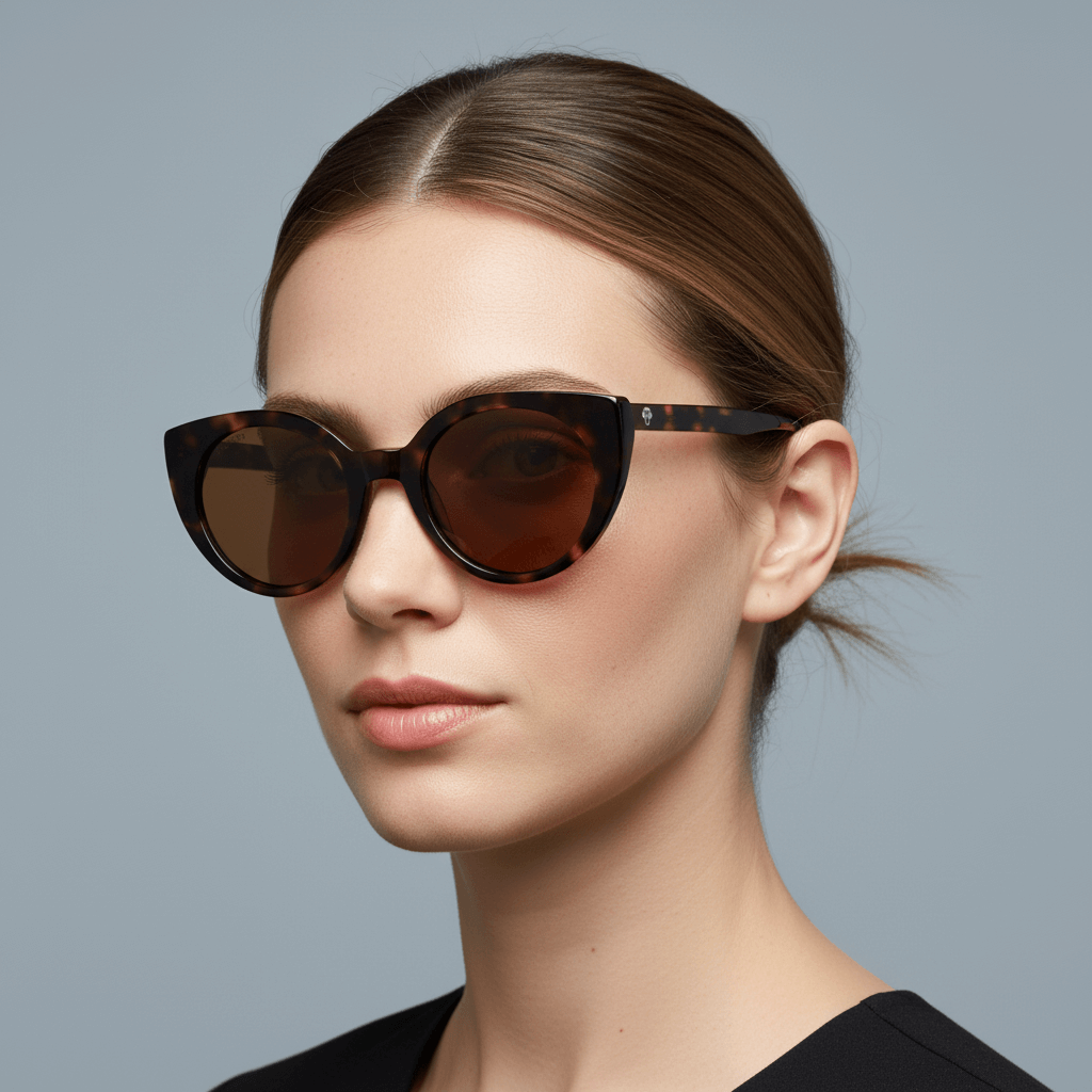 una mujer en vista lateral de cara redonda usando anteojos gafas de sol polarizadas agatadas o cat eyes para hombre y mujer de cara redonda u ovalada grande de color carey #color_carey