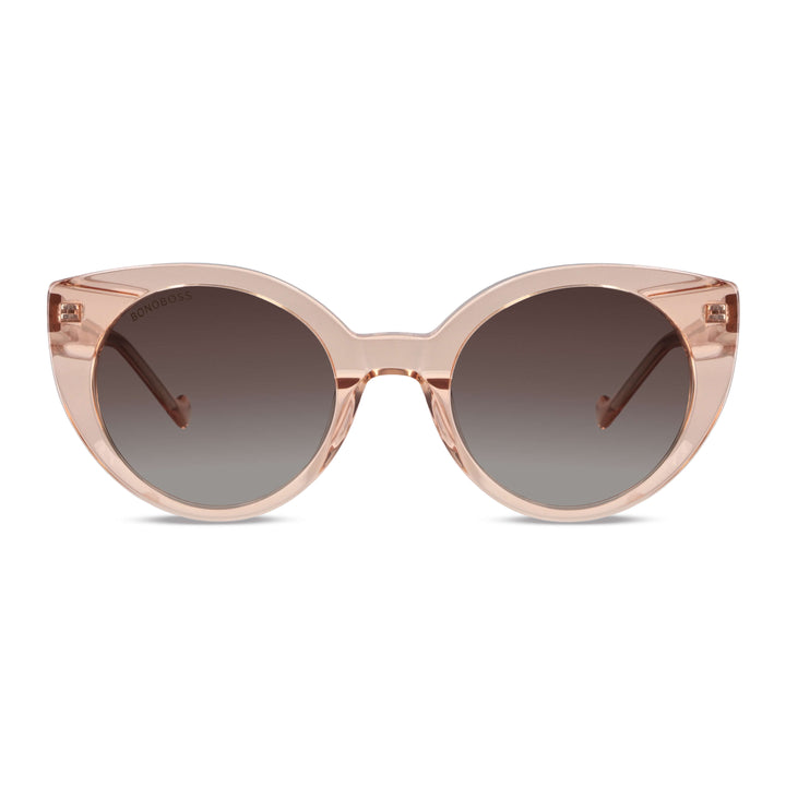 vista frontal de unos anteojos de sol gafas polarizadas de forma agatada retro grande   de color champagne rosado #color_champagne