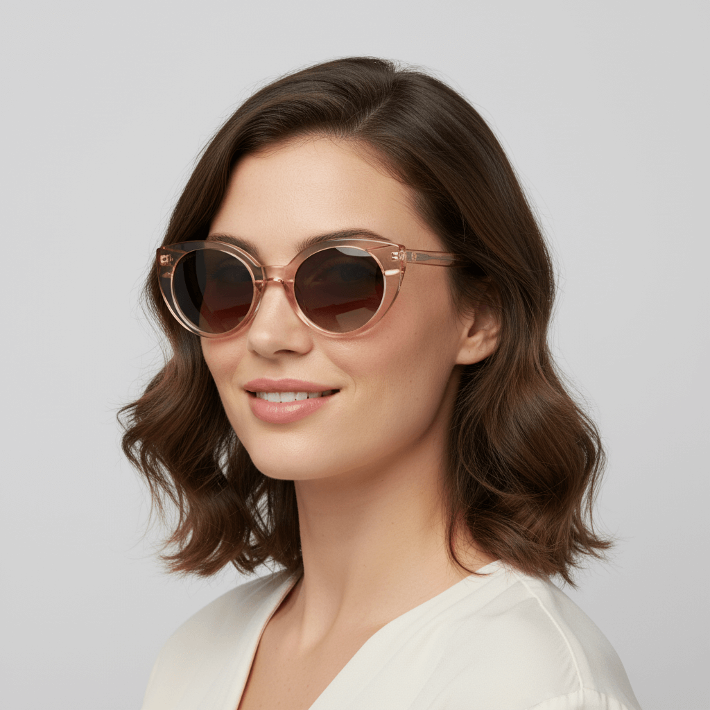 la vista lateral de una mujer de pelo ondulado usando unos anteojos de sol gafas polarizadas de forma agatada retro grande  de color champagne rosado #color_champagne