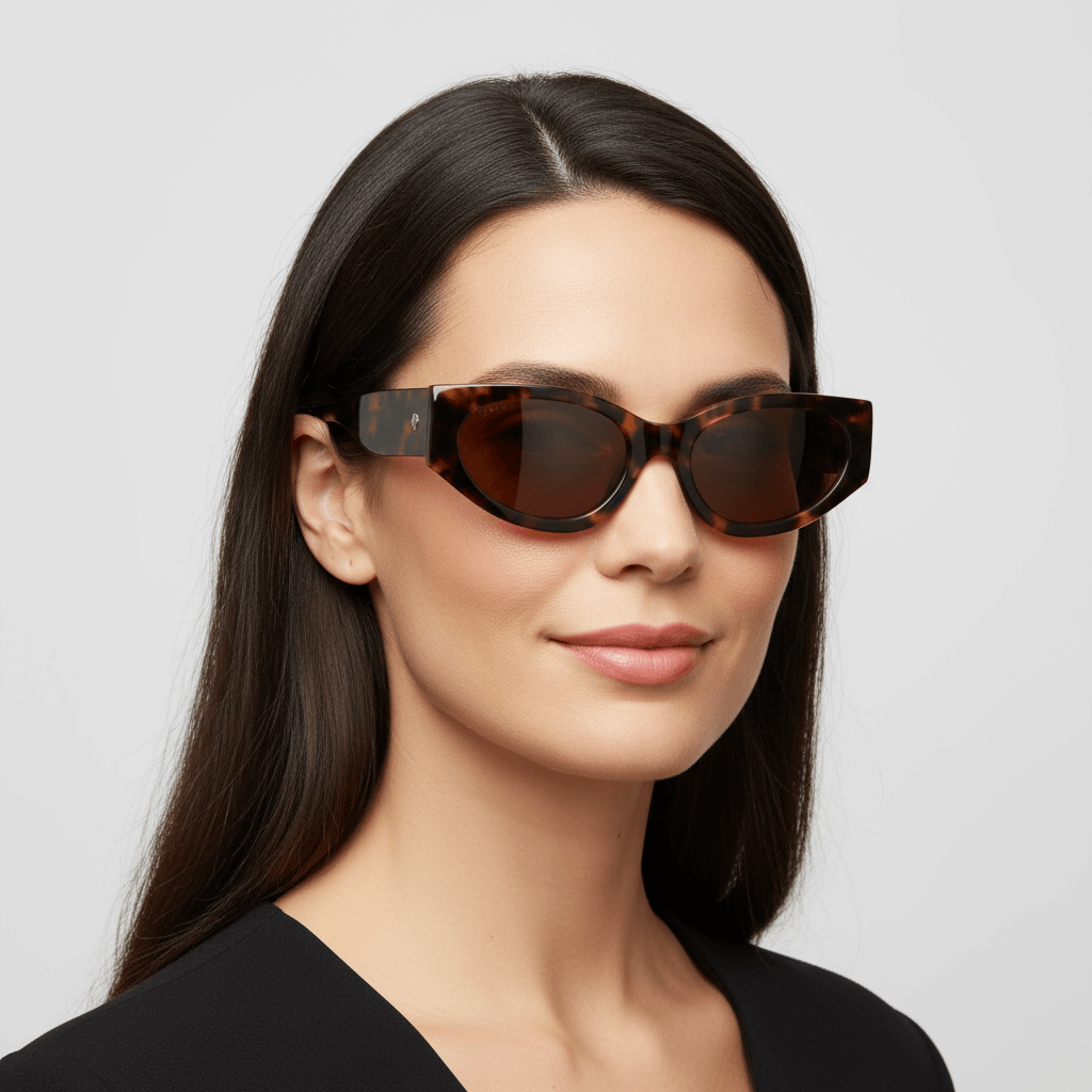 la vista lateral de una mujer de cara ovalada con pelo liso suelto de color castaño usando unos anteojos de sol polarizados Bonoboss sustentables ecologicos en acetato reciclado de color carey jaspeado y lentes de color café #color_carey